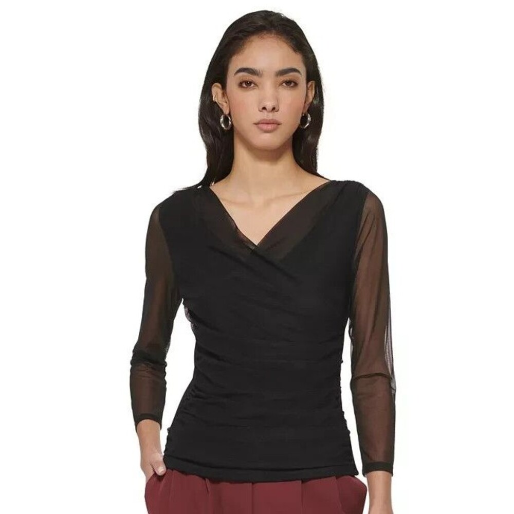 DKNY Women's Mesh Long-Sleeve Faux-Wrap V Neck Top Blouse Black XS